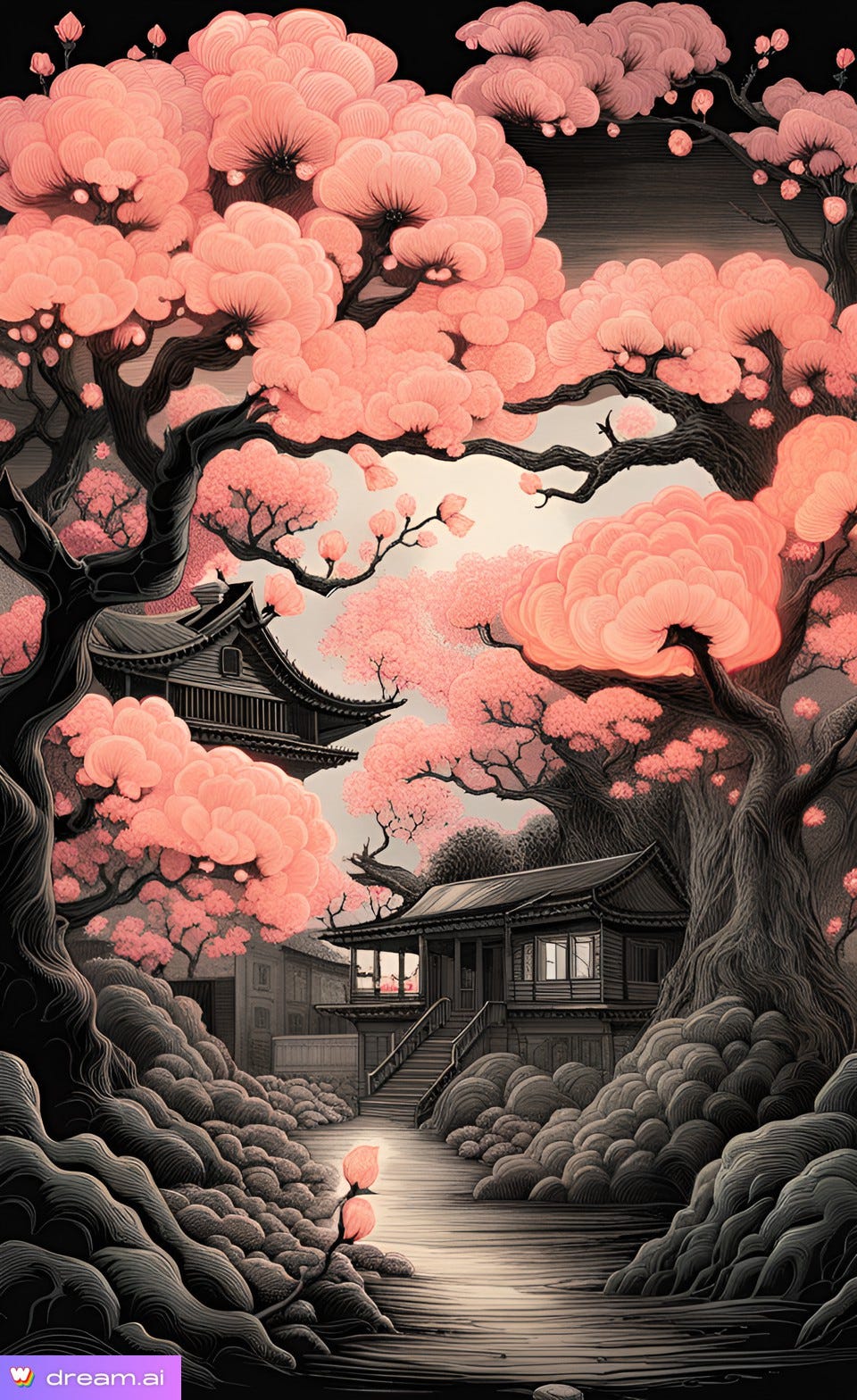 Eerie gothic A.I. image of peach trees in full blossom around old Asian-style buildings