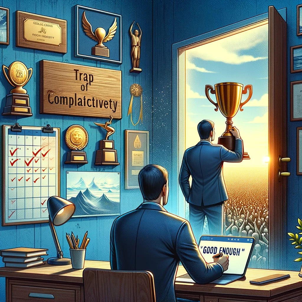 Illustrate a concept that embodies the 'Good Enough' Myth in a professional setting. Show an individual looking at a trophy or a wall filled with awards, representing past successes, with a look of satisfaction. Behind them, a larger, open window or a door reveals a dynamic, evolving landscape filled with opportunities and challenges yet to be conquered. This contrast symbolizes the trap of complacency and the need to aim higher. Include visual elements like a notepad or a digital device displaying a list of ambitious goals and a calendar marking future milestones. The scene should encourage the viewer to think beyond current achievements and focus on continuous growth, emphasizing the idea that there is always room for improvement. The overall atmosphere should be one of introspection and motivation, pushing the viewer to ask, 'How can we improve our game?'