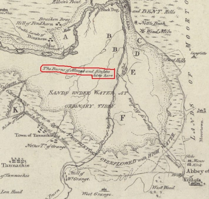 Map of 1758 by Peter May, detailing fishing places in Findhorn Bay, with the confluence of the two burns highlighted in red.