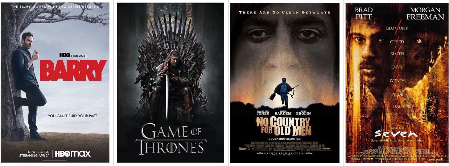 Barry, Game of Thrones, No Country for Old Men, Seven
