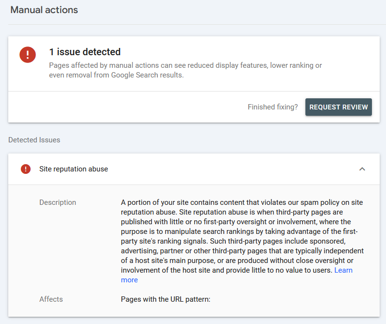 Manual Action penalty notice in Google Search Console