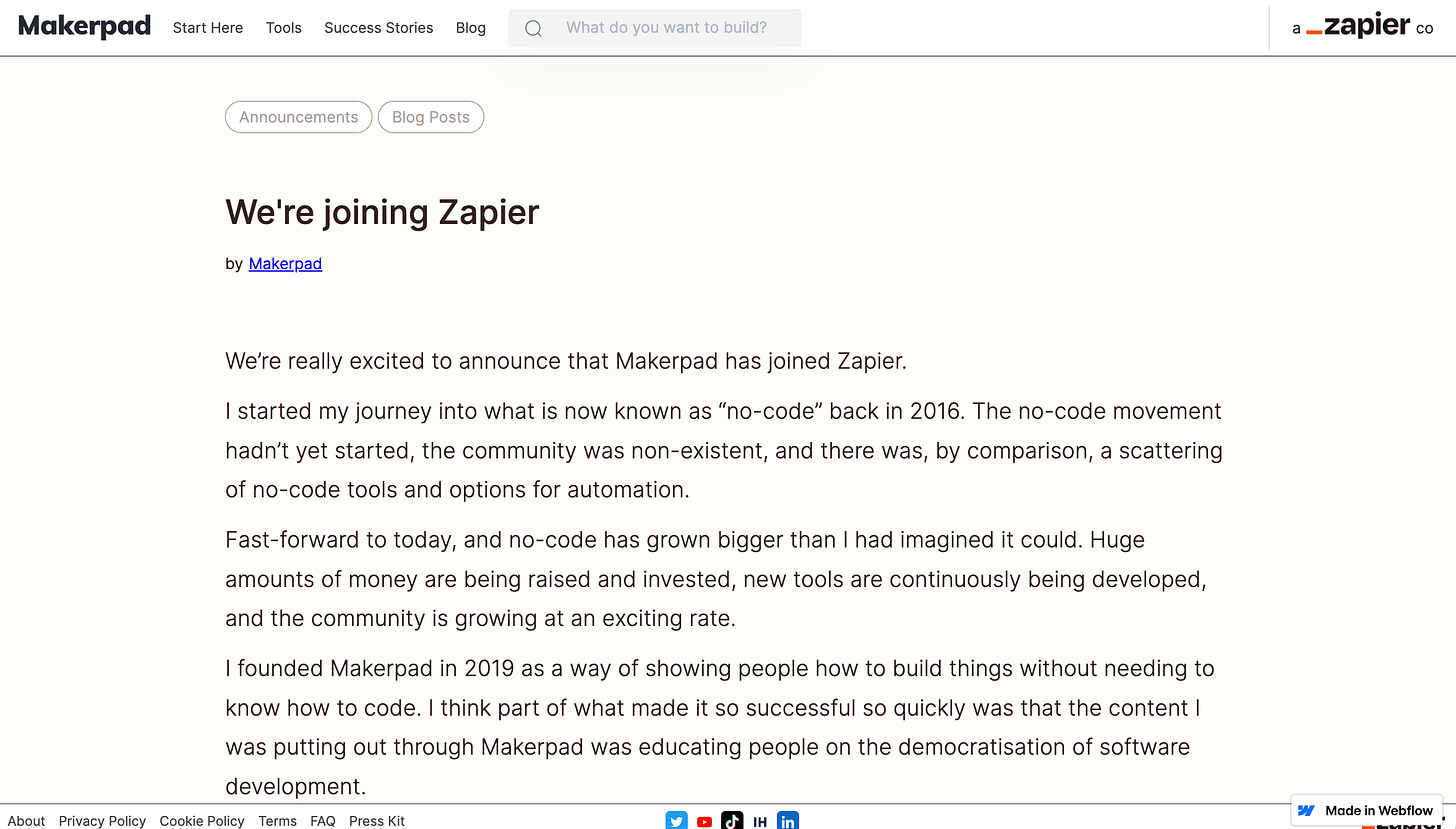 Makerpad 公告被 Zapier 收購的訊息