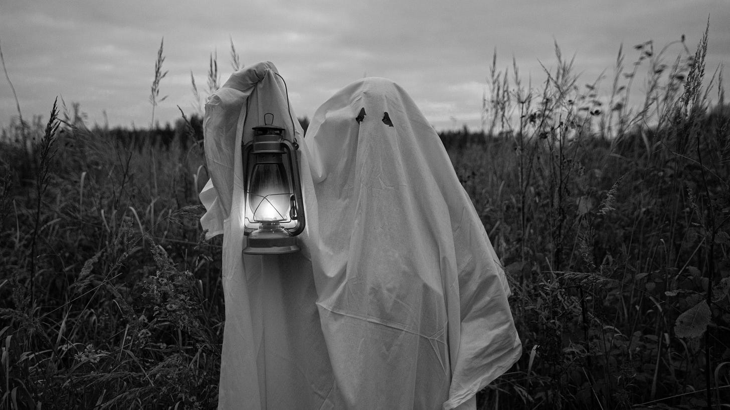 A person in a ghost costume (a sheet) standing in a field holding up a storm lantern