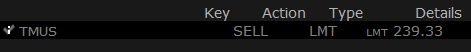 Trade alert showing TMUS stock sell order at $239.33, part of a T-Mobile stock investing deep dive and portfolio update.