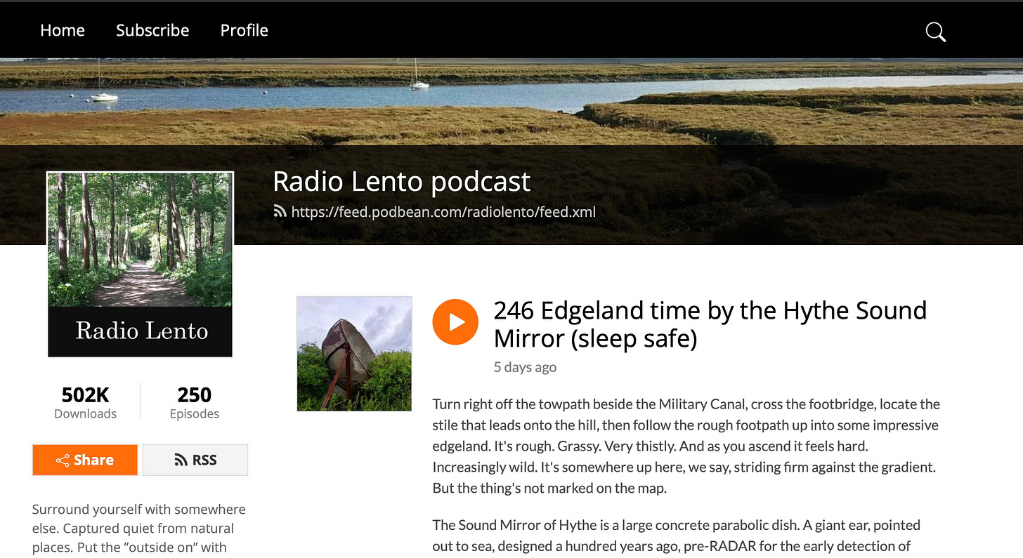 screen shot of Radio Lento Podcast with black banners and white text, and a description of the Hythe sound mirror podcast in black text on a white background.