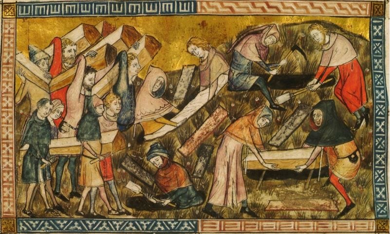 Medieval manuscript illustration showing people digging graves and carrying coffins Medieval manuscript illustration showing people digging graves and carrying coffins
