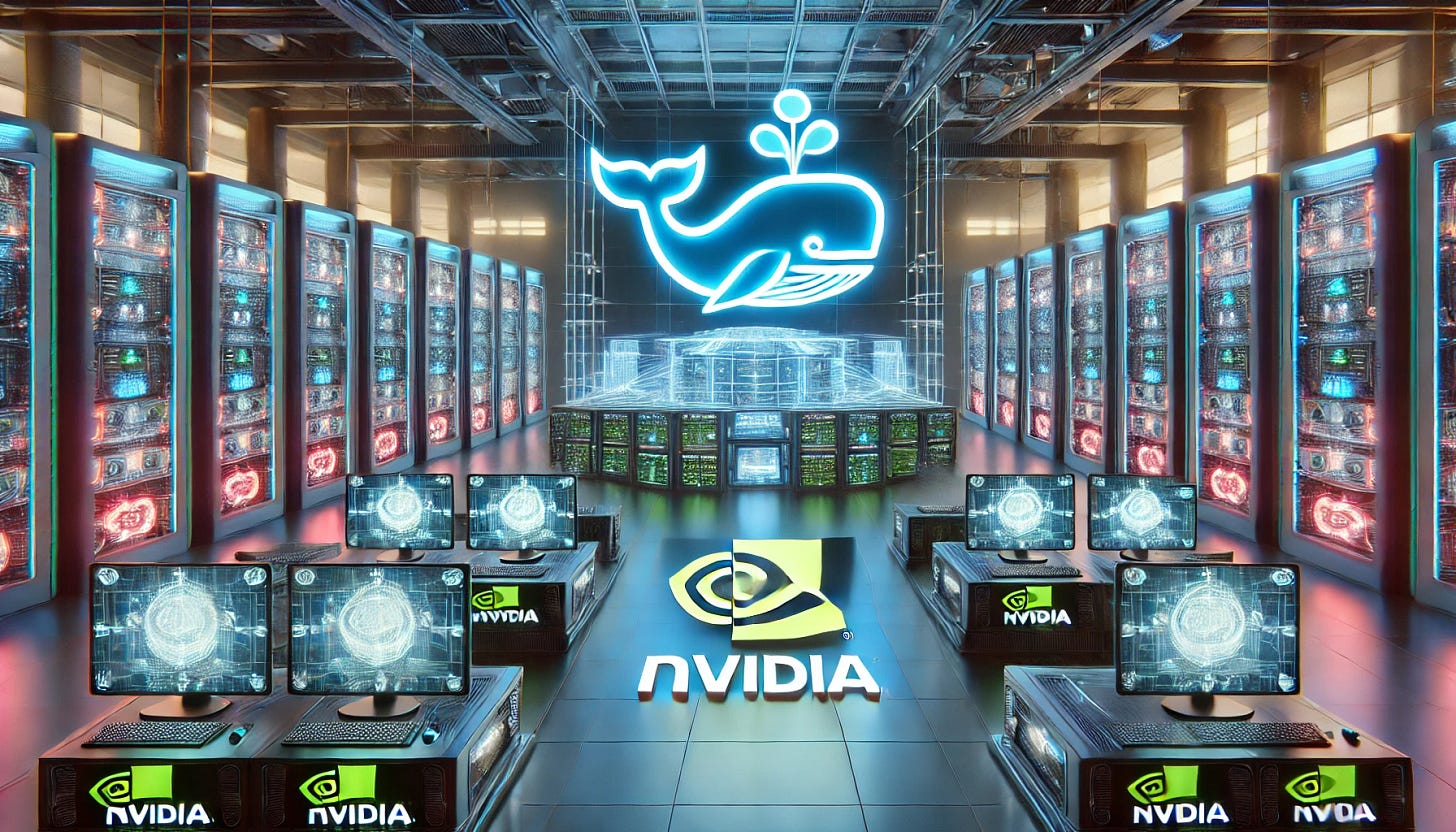 A 16:9 futuristic illustration depicting a Chinese AI lab with a whale logo, symbolizing its potential to disrupt Nvidia and the AI market. The scene features a high-tech lab with glowing AI servers and holographic displays showcasing innovative technology. At the center is a prominent whale logo glowing in blue, surrounded by interconnected data streams and advanced AI processors. In the background, Nvidia-branded servers and GPUs appear in a dimmer light, symbolizing the competitive challenge. The overall atmosphere conveys innovation, competition, and the potential for market disruption.