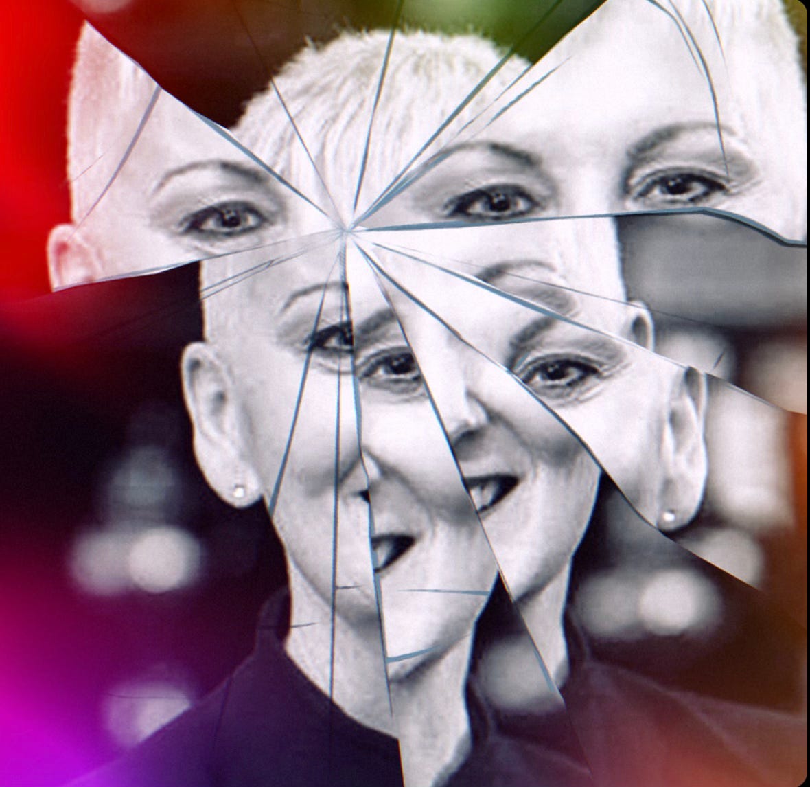 Glass shatter image of a woman's face, smiling, short blind hair. Coloured background, green, red, purple, lights.