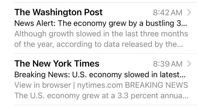 two contrasting news alerts on the GDP report. Washington Post: ' News Alert: The economy grew by a bustling 3..'  New York Times: 'Breaking News: U.S. economy slowed in latest...'
