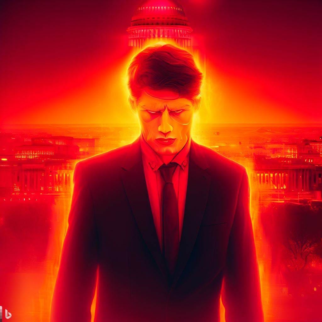 James Talarico with glowing red eyes and a red aura in front of washington DC bathed in red and orange.