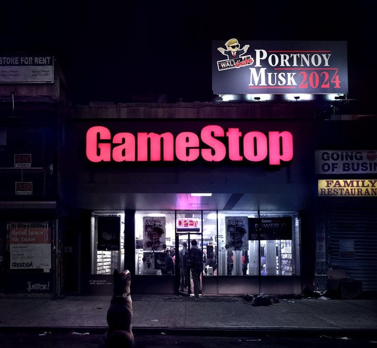 A dog stands watch in front a GameStop store (painting by CryptoPainter, @painter_crypto on Twitter)