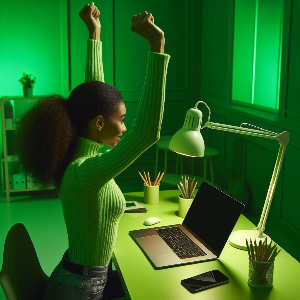 happy woman raising hands in celebration sitting at laptop