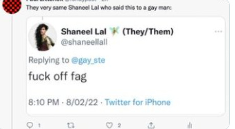 screenshot of a tweet by Shaneel Lal saying fuck off fag