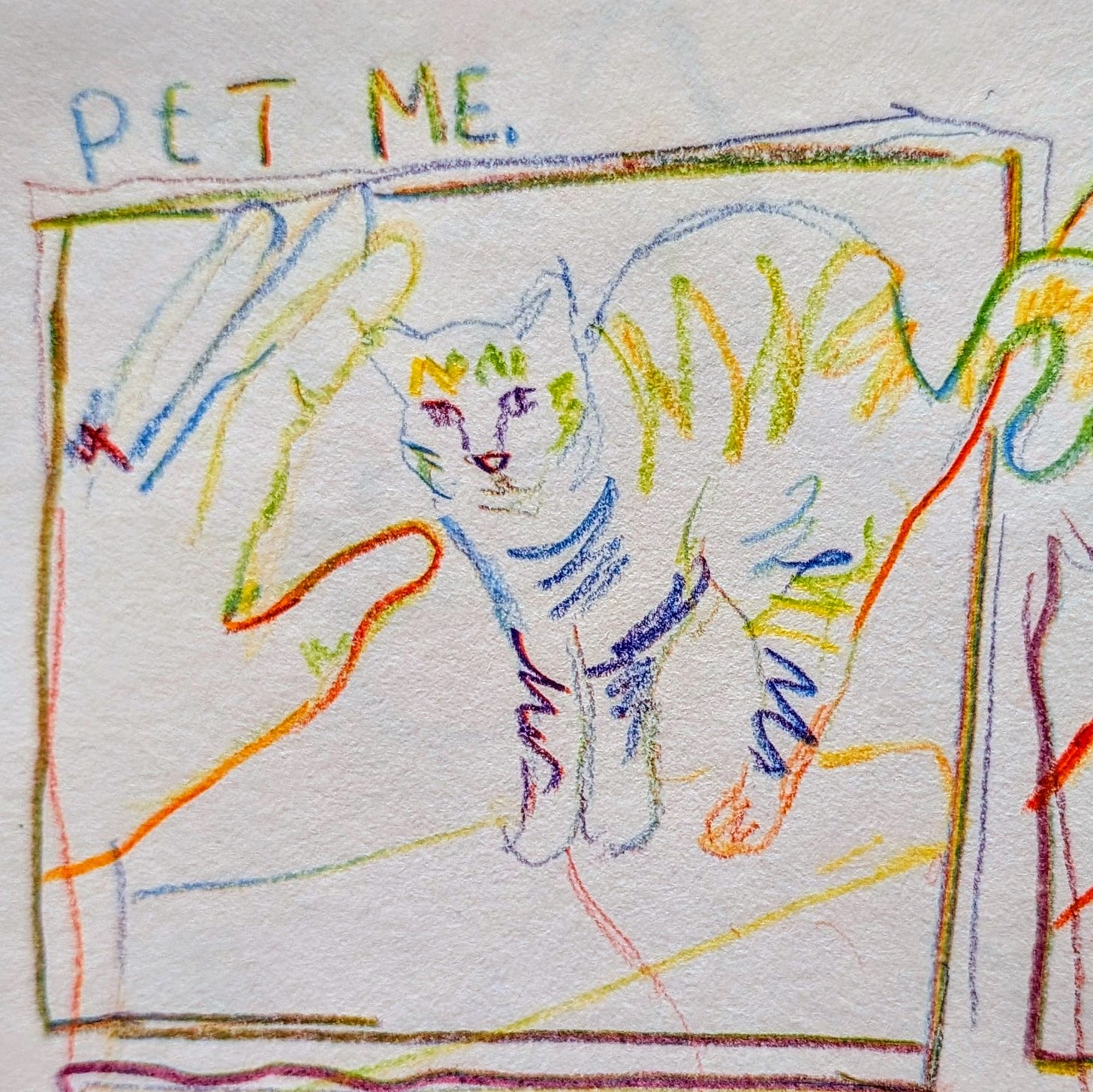 drawing of a cat using a rainbow pencil