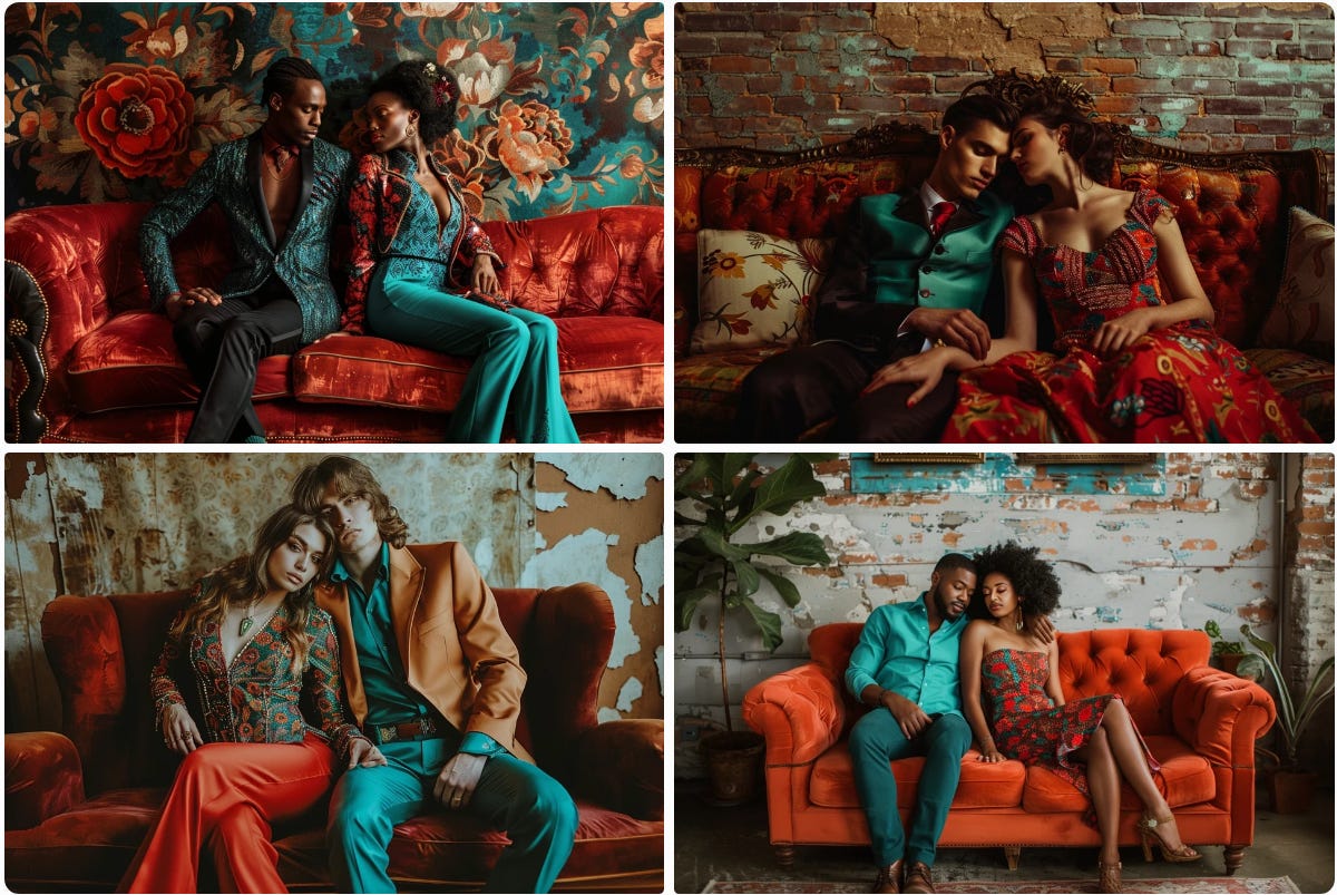 Fashion photos of couples on the couch in Midjourney, using red, teal, and brown colors
