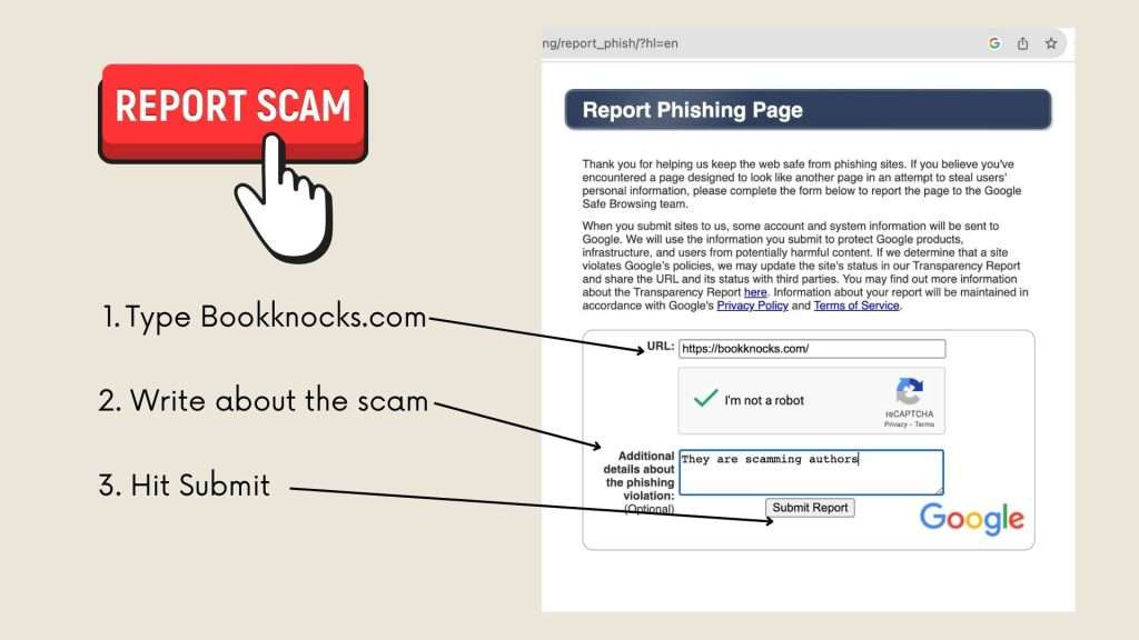 Report Bookknocks scam to google