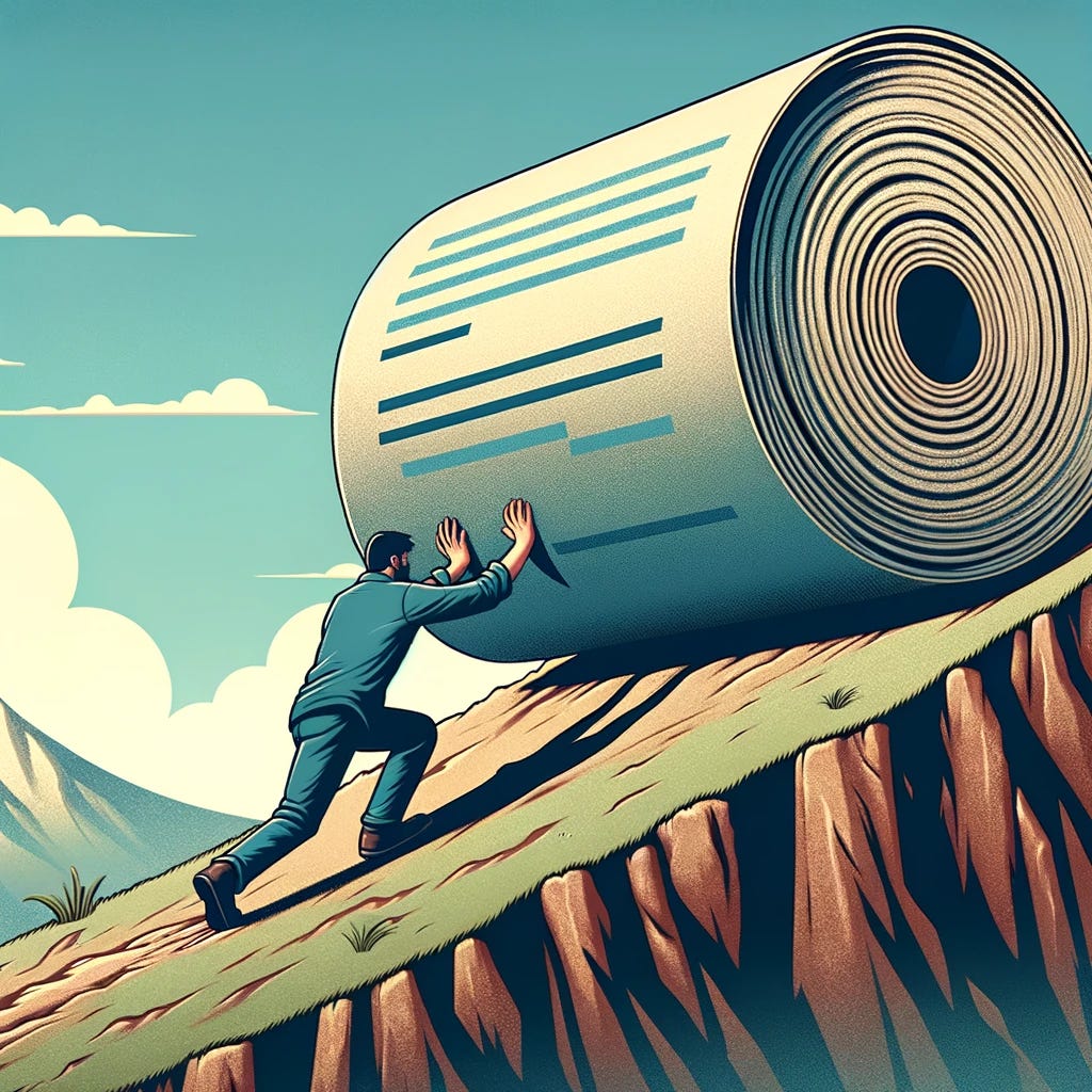 An illustration of a person struggling to push a giant rolled-up document up a steep hill. The hill is rugged and steep, symbolizing a challenging task. The person is exerting a lot of effort, with a determined expression on their face. The document is oversized, almost comically large compared to the person, emphasizing the enormity of the task. The scene is set in a picturesque landscape with a clear blue sky, providing a contrast to the strenuous activity.