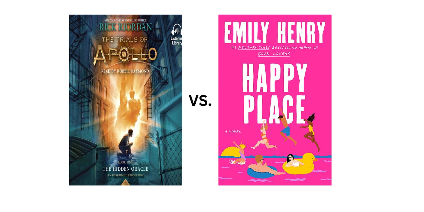 Book cover images for The Hidden Oracle by Rick Riordan and Happy Place by Emily Henry