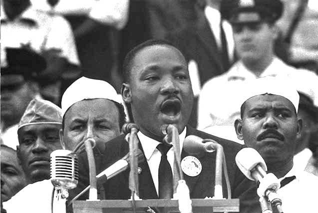 Black & white photo of Martin Luther King, Jr., delivering his “I Have a Dream” speech during the March on Washington, 1963