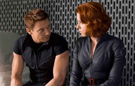 a screen cap from the Avengers featuring Hawkeye and Black Widow in matching black uniforms