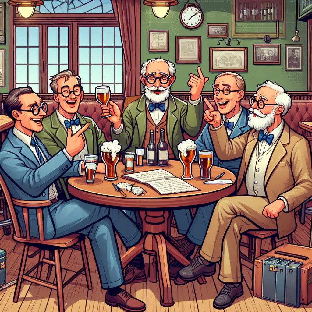 Professors in pub. Image by Bing.