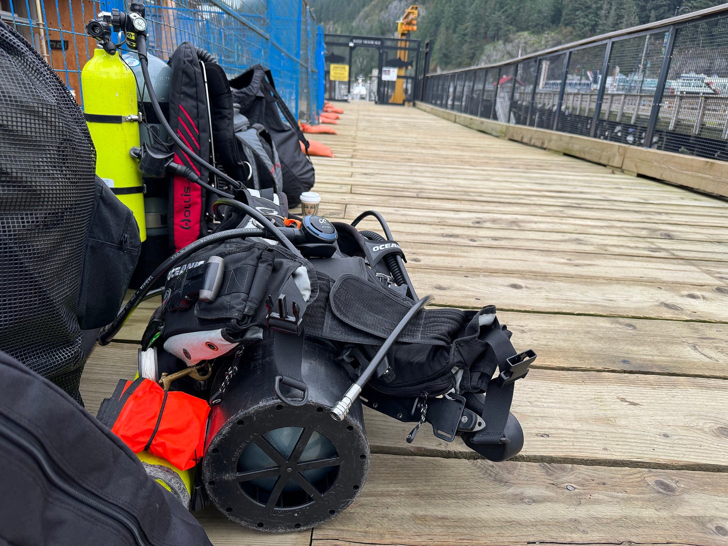 Rows of dive gear, BCDs, tanks and regulators on the dock leading to gaited entry. 