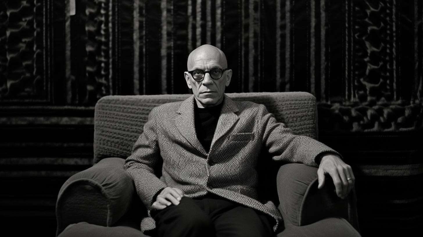 AI Generated image of Michel Foucault sitting on a sofa.