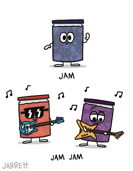 A blueberry jam is smiling and labelled "JAM." A strawberry jam and a grape jam are playing music together and labelled "JAM JAM."
