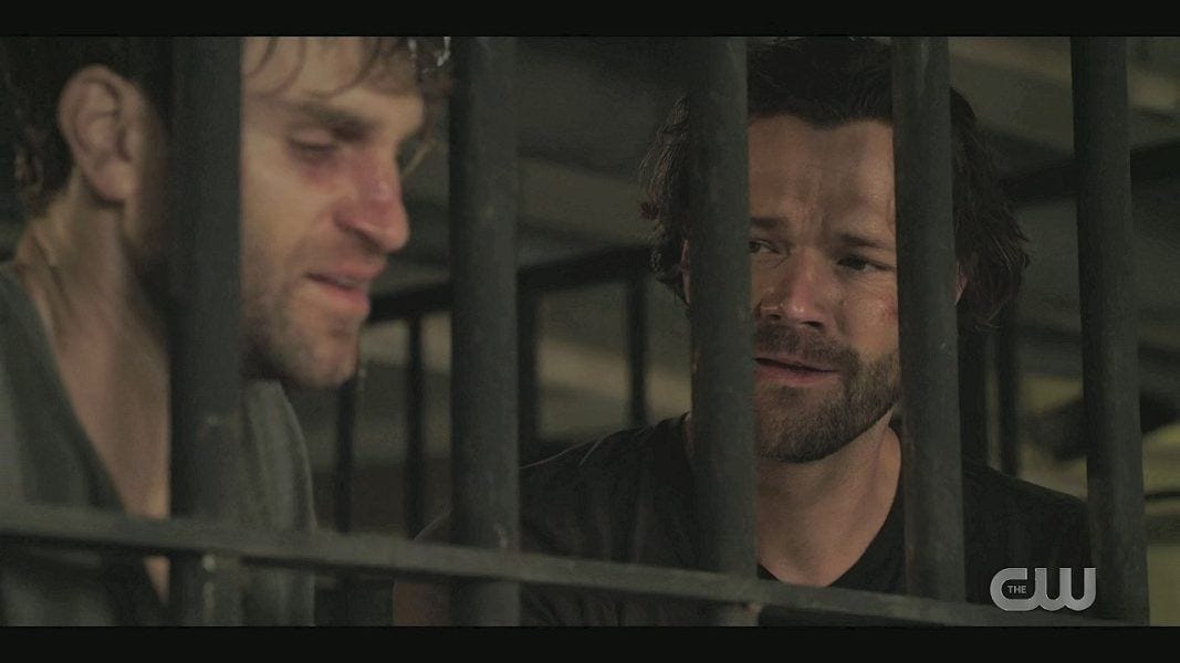 Gay brother LIam beaten up talking crying to Jared Padalecki on Walker 3.02.