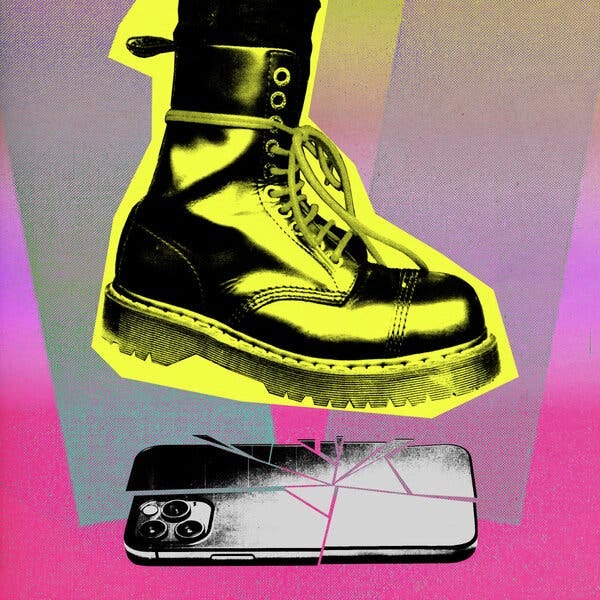 A neon-colored illustration of a Doc Marten boots stomping on a smart phone.