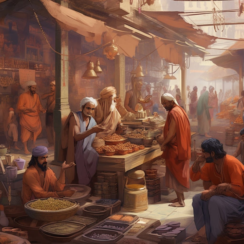 midjourney v5: a group of merchants talking in a marketplace in ancient india, varanasi, anime art 
