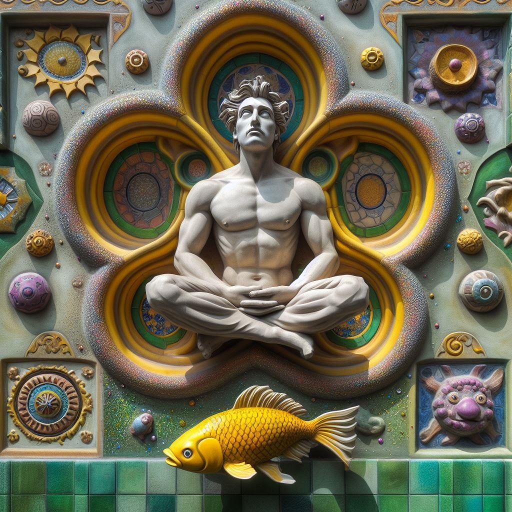 Hyper realistic; tilt shift; Lensbaby Effect.MALE MANNEQUIN STATUE MADE OF bamboo  merging into bamboo Quatrefoil on wall: mannequin is sitting in lotus position and fish jumps. paper bag material. one with prussian blue Gothic Tracery: Louver yellow and chartreuse decorative ceiling tiles. gold and pink and green details on fish. man merges into the Hundertwasserhaus, Vienna, Austria:  his body partly embedded in wall. scattered GLITTER. sunny sky, fluffy clouds.  radiant