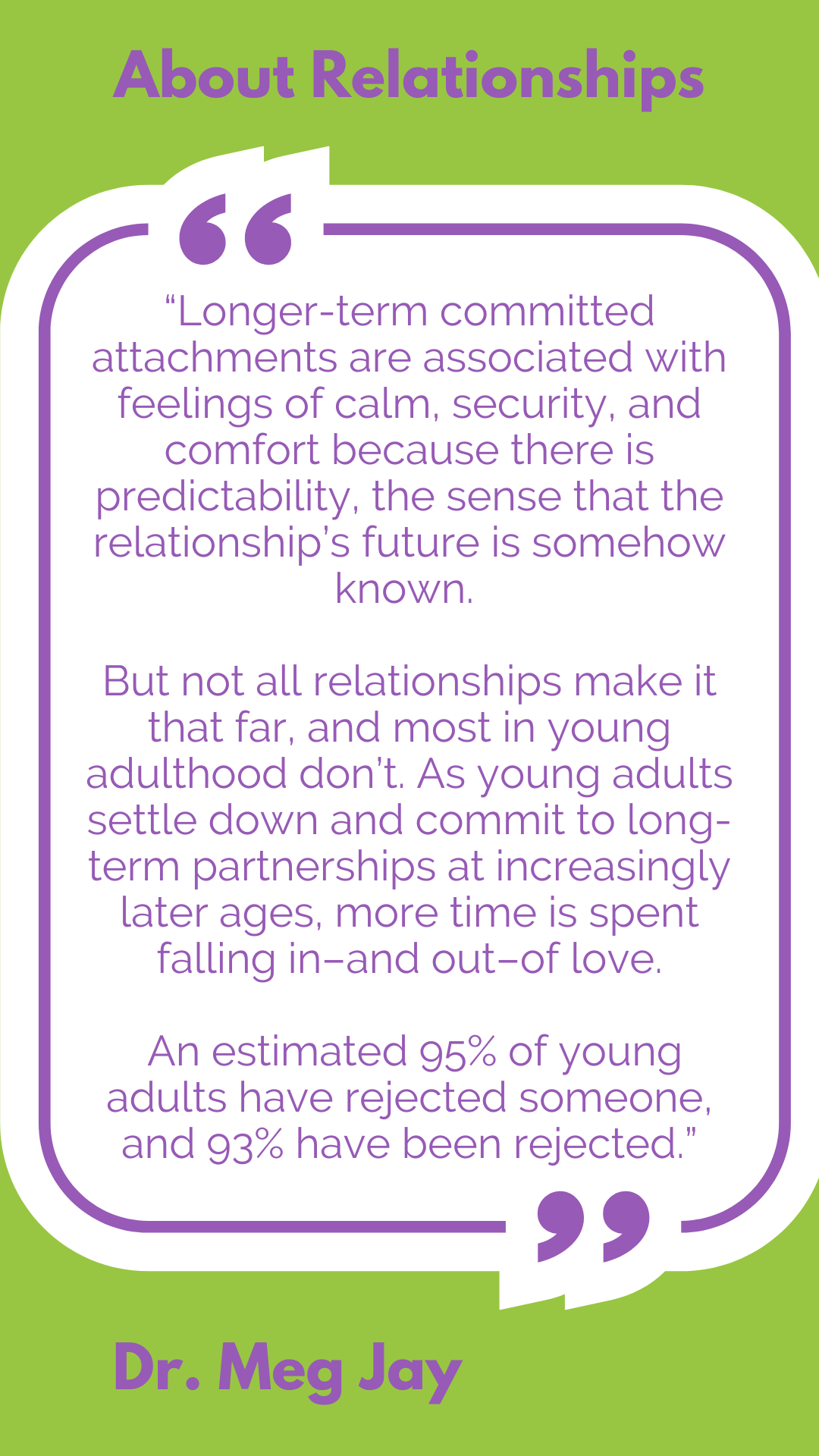 About relationships: “Longer-term committed attachments are associated with feelings of calm, security, and comfort because there is predictability, the sense that the relationship’s future is somehow known. But not all relationships make it that far, and most in young adulthood don’t. As young adults settle down and commit to long-term partnerships at increasingly later ages, more time is spent falling in–and out–of love. An estimated 95% of young adults have rejected someone, and 93% have been rejected,” said Dr. Meg Jay.