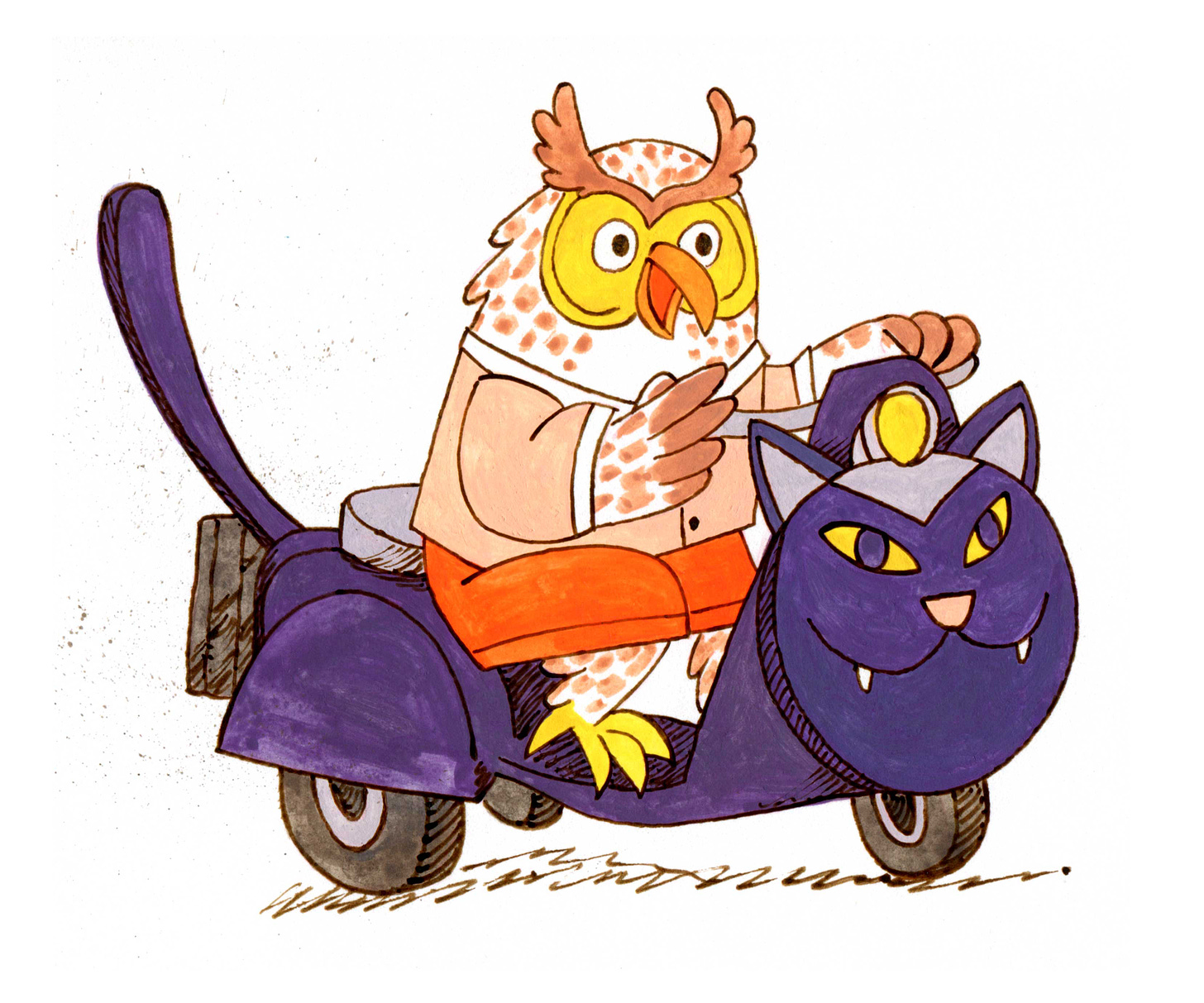 ode to a scarry halloween owl on a motorbike hootin and scootin Kayla stark illustration