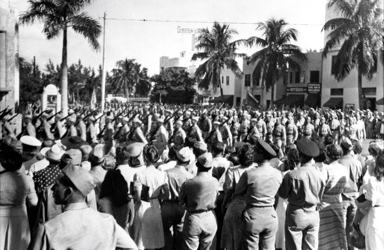 Army Air Corp servicemen on Lincoln Road in Miami Beach on August 15, 1945, also known as V-J Day. 