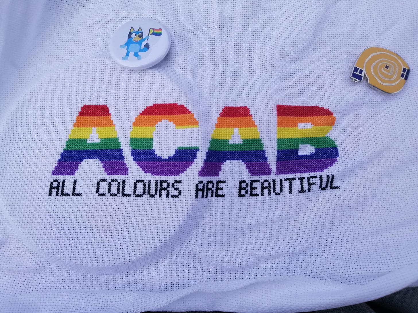 cross stitch with ACAB in rainbow text and "ALL COLOURS ARE BEAUTIFUL" in black below. There is a needleminder and a pin with Bluey holding an inclusive rainbow flag on the fabric