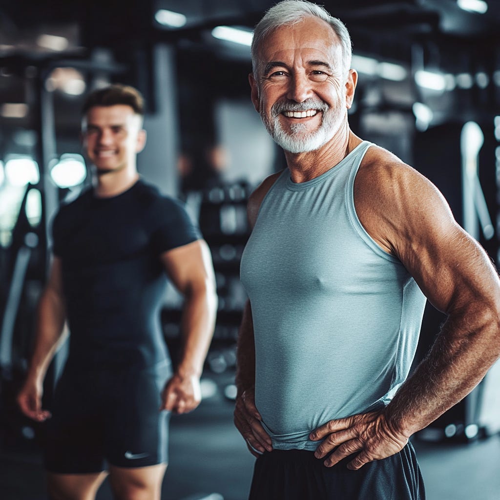 Fit, strong older man training in the gym with his son. 