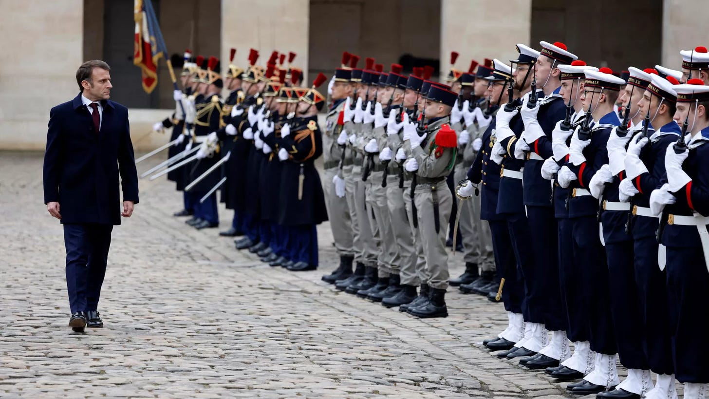 French President Emmanuel Macron reviews troops during a Prise d'armes military ceremony in the courtyard of the Hotel National des Invalides in Paris, on February 19, 2024.  - Sputnik International, 1920, 19.03.2024