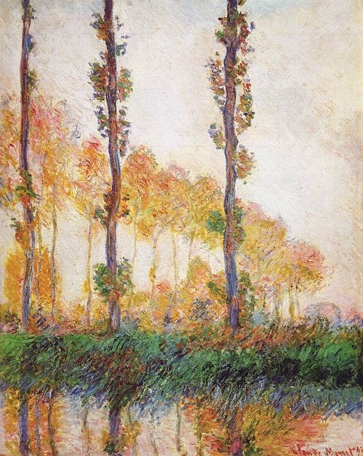 Impressionist painting by Claude Monet of three vertical poplar trunks garlanded in colorful autumn foliage in hues of orange, red and yellow among the green