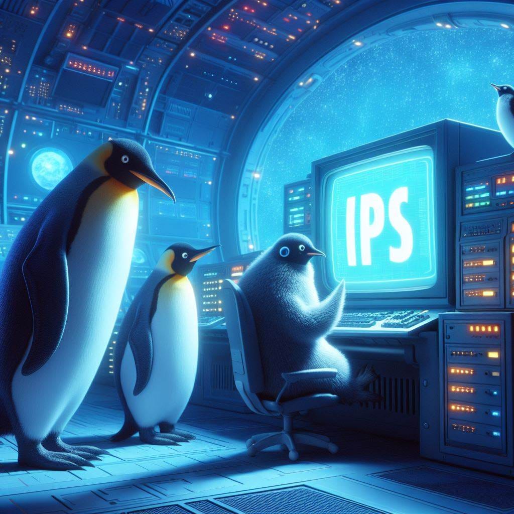 I need a science fiction image of penguins talking to a super computer with the words "IPS" on the screen