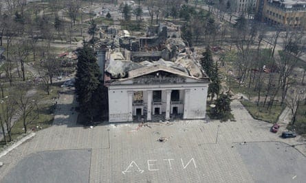 A theatre in Mariupol which had the word ‘children’ spelled out in Russian in large letters on the pavement before it was bombed in April 2022, killing hundreds.
