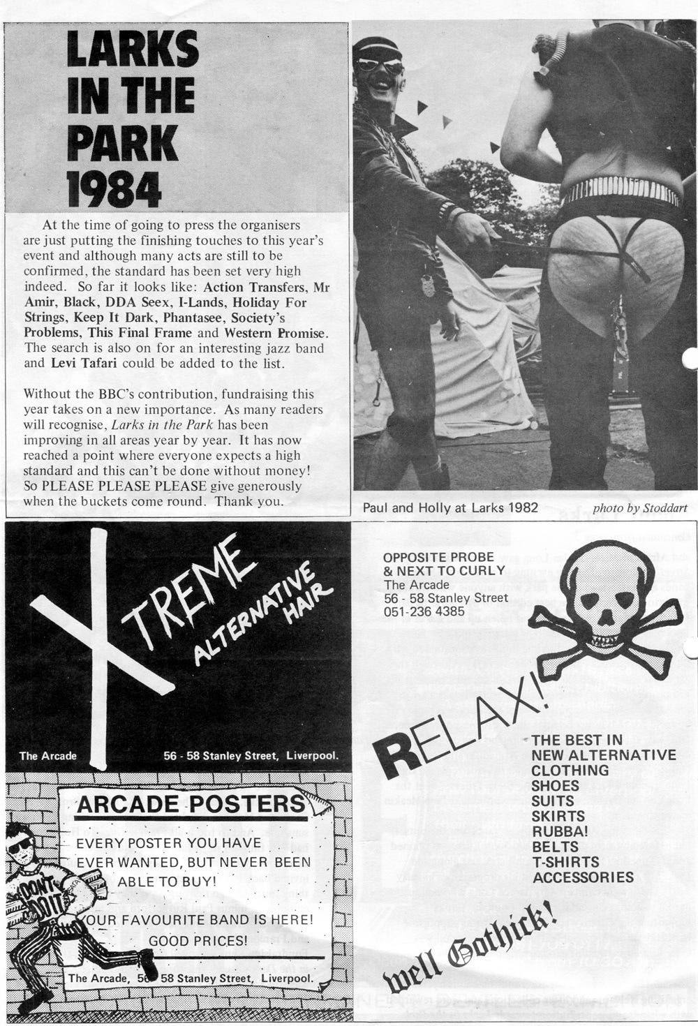 Page 6 of the programme, with adverts for clothes shops and a photo of 1982 Paul and Holly from Frankie Goes To Hollywood.