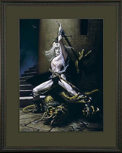 Print of ELRIC DEMONSLAYER mated in green and framed with black moulding.