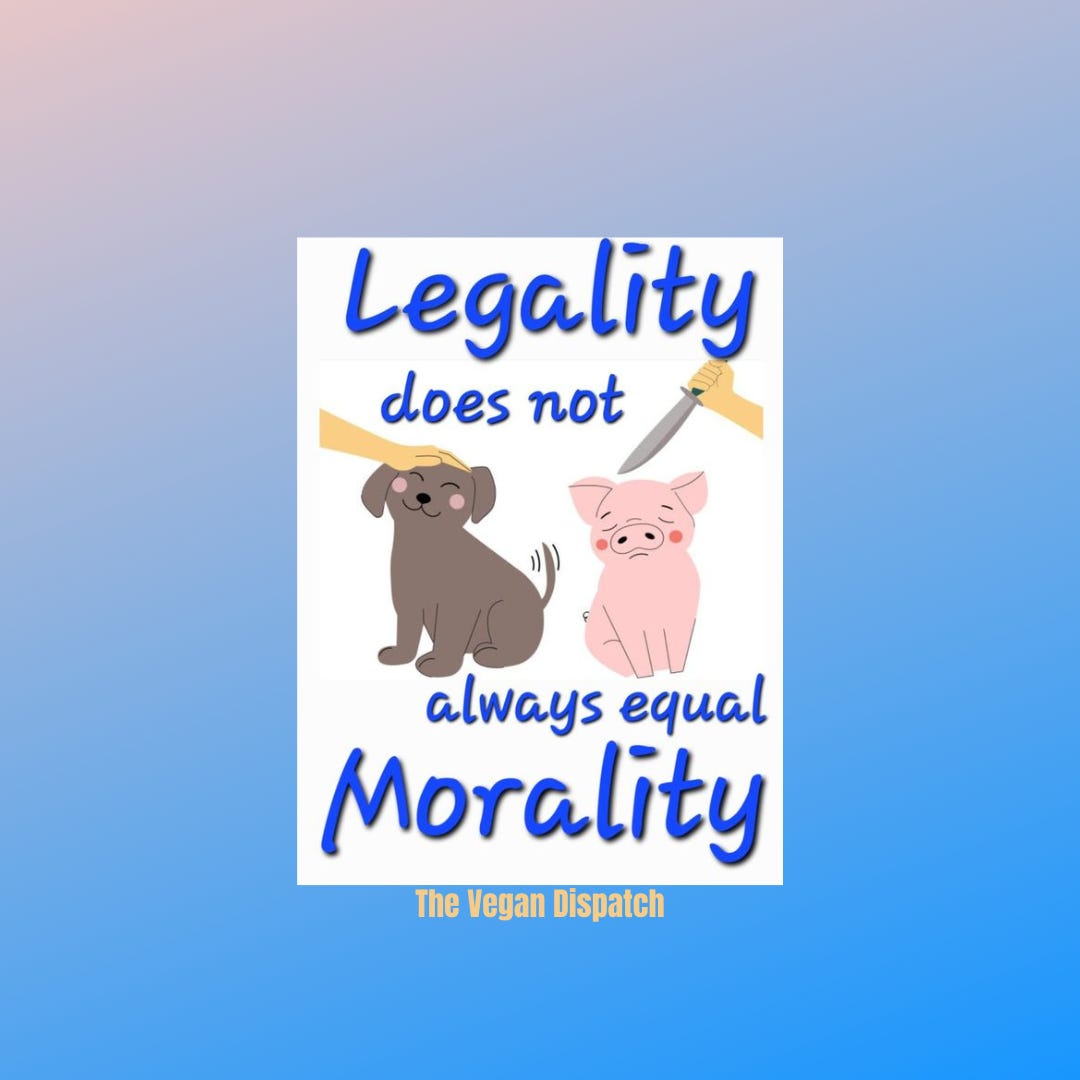 Legality often diverges from morality, as seen in carnism, where the legal slaughter of animals for food clashes with ethical debates about animal rights, suffering, and environmental impact.