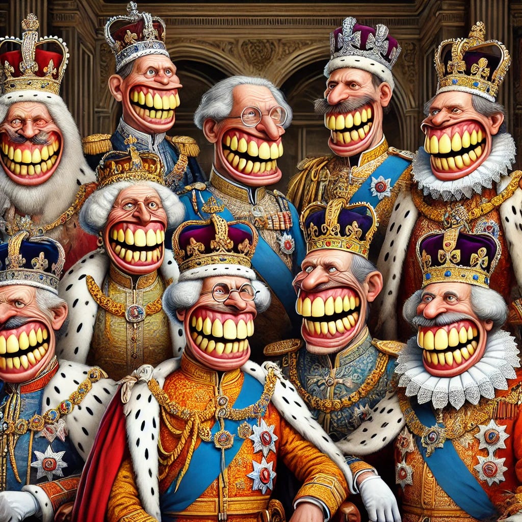 A humorous and exaggerated artistic illustration of a group of British monarchs from various historical periods, dressed in royal attire with crowns and regal garments. Each monarch is depicted with yellow and misaligned teeth, exaggerated for comic effect, creating a satirical tone. The scene is set in a grand royal hall with historical decor, emphasizing humor through their facial expressions and detailed, exaggerated tooth designs, rendered in a whimsical, cartoon-like style.