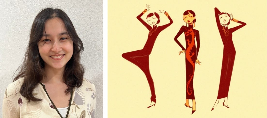 portrait of Mina Chacko at left; one of her digital illustrations of AMW in three outfits, burgundy and cream, at right