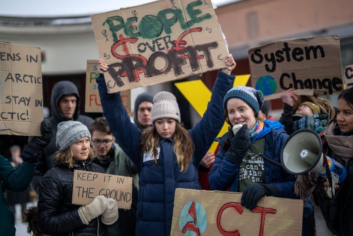 Greta Thunberg and other young climate activists of the "Fridays for Future" movement stage an unauthorised demonstration on the closing day of the World Economic Forum