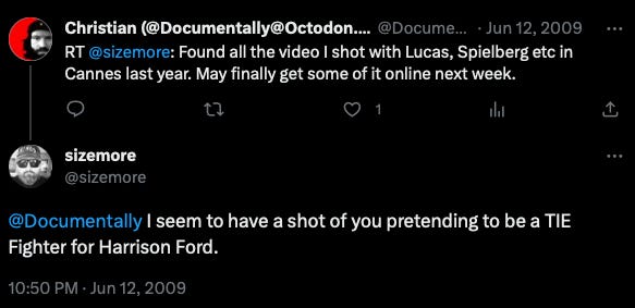 A screen grab of a Twitter conversation between myself and Mike Sizemore discussing that time I made the sound of a tie fighter for Harrison Ford.