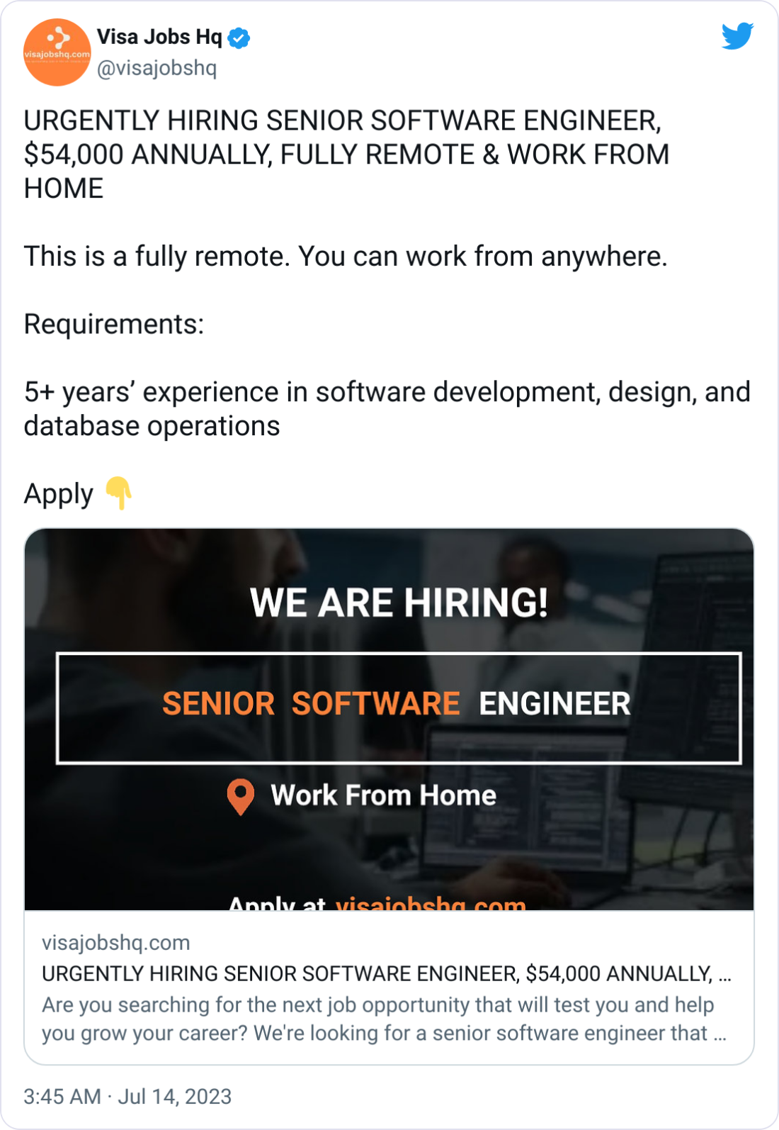 Visa Jobs Hq @visajobshq URGENTLY HIRING SENIOR SOFTWARE ENGINEER, $54,000 ANNUALLY, FULLY REMOTE & WORK FROM HOME  This is a fully remote. You can work from anywhere.   Requirements:   5+ years’ experience in software development, design, and database operations 