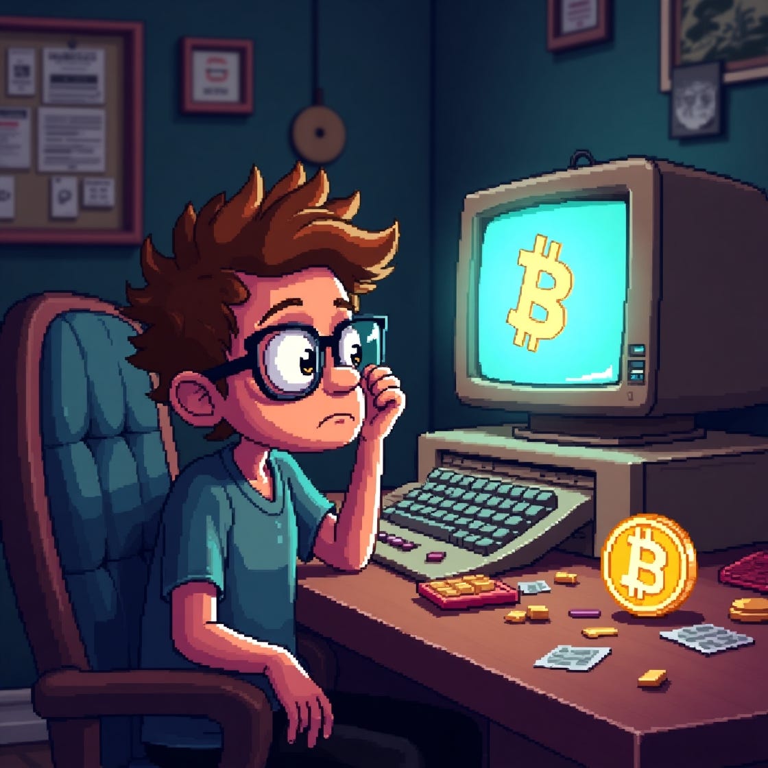 A bespectacled player with a puzzled expression, slouched in a chair, sitting in front of a laptop with a retro-style glowing screen, surrounded by scattered keyboard keys on a cluttered wooden table, accompanied by a single shiny bitcoin coin, rendered in vibrant 8-bit pixel art reminiscent of 1990s video games, with a warm, nostalgia-tinged color palette featuring shades of magenta, turquoise, and golden yellow, and subtle textures hinting at the aged, worn-out atmosphere of a vintage computer setup.
